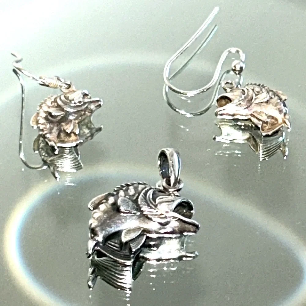 Sterling Silver 3D Big Mouth Bass Fish Charm Pendant Earrings Set Collectible